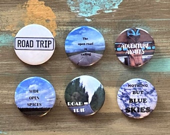 Road Trip Button Pins and Magnets | Unique Designer Badges and Buttons