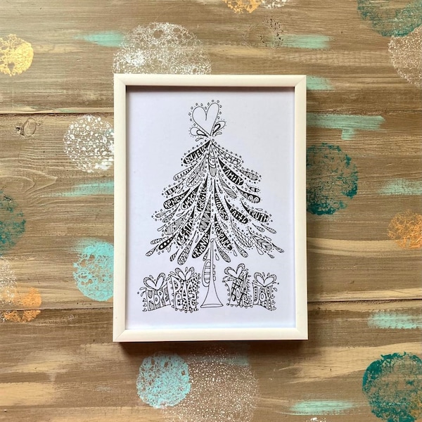 Presence Under the Tree Doodle Original Art Print | Zentangle Christmas Tree Drawing | Holiday Decor