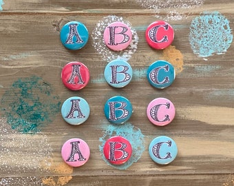 Caprese Alphabet Button Pins and Magnets |Unique Designer Badges and Buttons | Customizable Button Pins