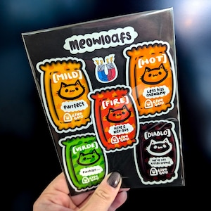 Taco Bell inspired Hot Sauce Magnet Pack – Funny Cat Pun Parody Magnets (Set of 5) – Strong Vinyl Magnets, Hand-Drawn Art, Gift