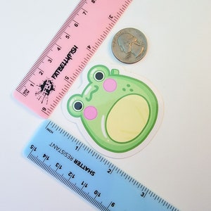 May include: A green frog sticker with pink cheeks and a yellow belly. The sticker is about 2 inches in diameter and is on a white background.