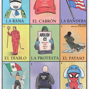 May include: A vibrant grid illustration with cartoon figures and objects. It includes a frog, a red cap with text, an American flag, a devil figure, a protest sign, a person in uniform, a person with a Mexican flag, a police officer, and a Spider-Man character.