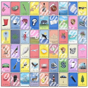 Könnte beinhalten: Eine Sammlung von 54 farbenfrohen Loteria-Karten, jede mit einer einzigartigen Illustration und spanischem Text. Die Karten zeigen verschiedene Objekte, Tiere und Symbole, darunter ein Fisch, Geld, ein Stift, eine Hand, eine Flasche und ein roter Becher.