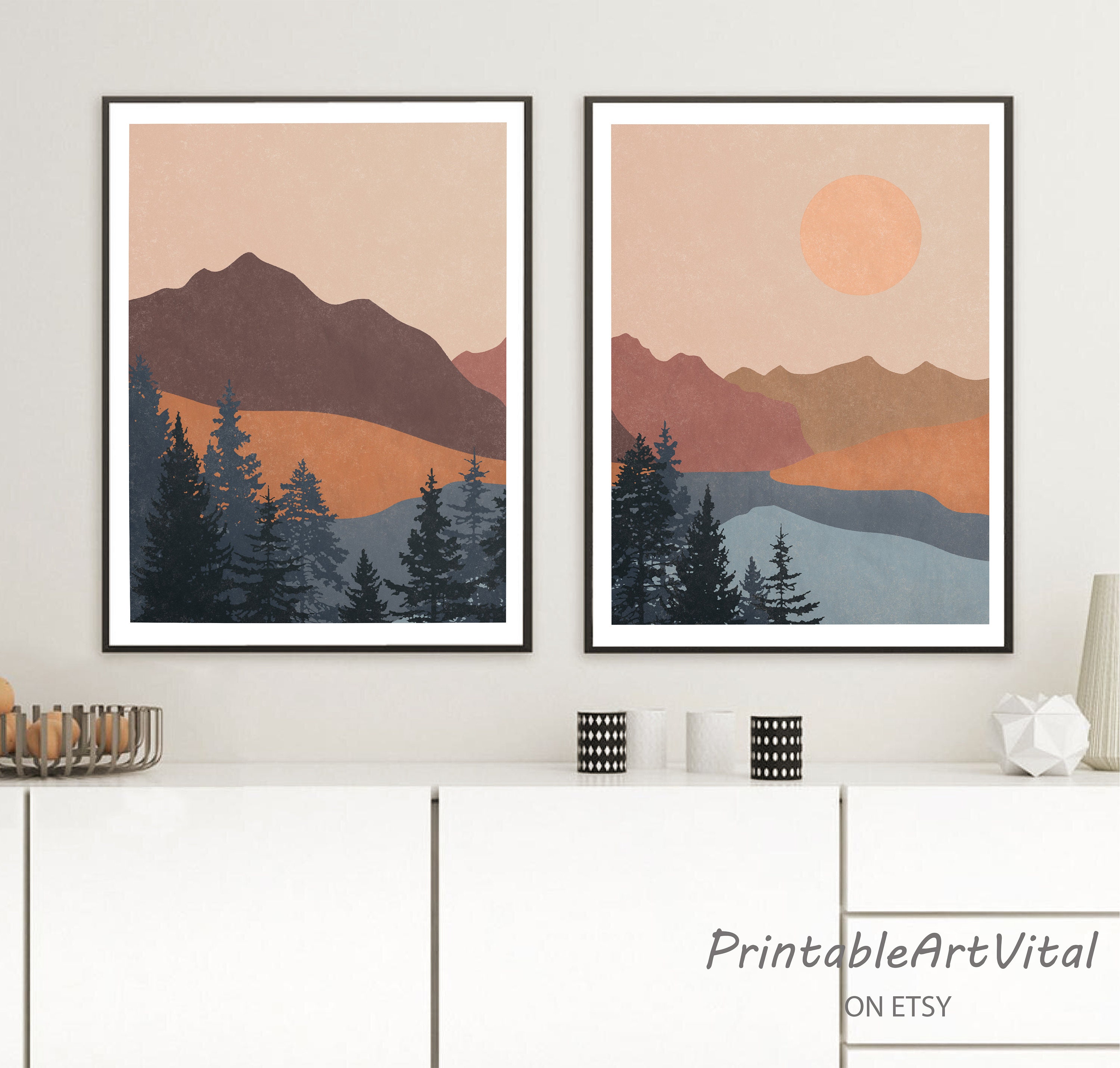 Mid century modern art mountain set of 2 prints Boho nature Etsy