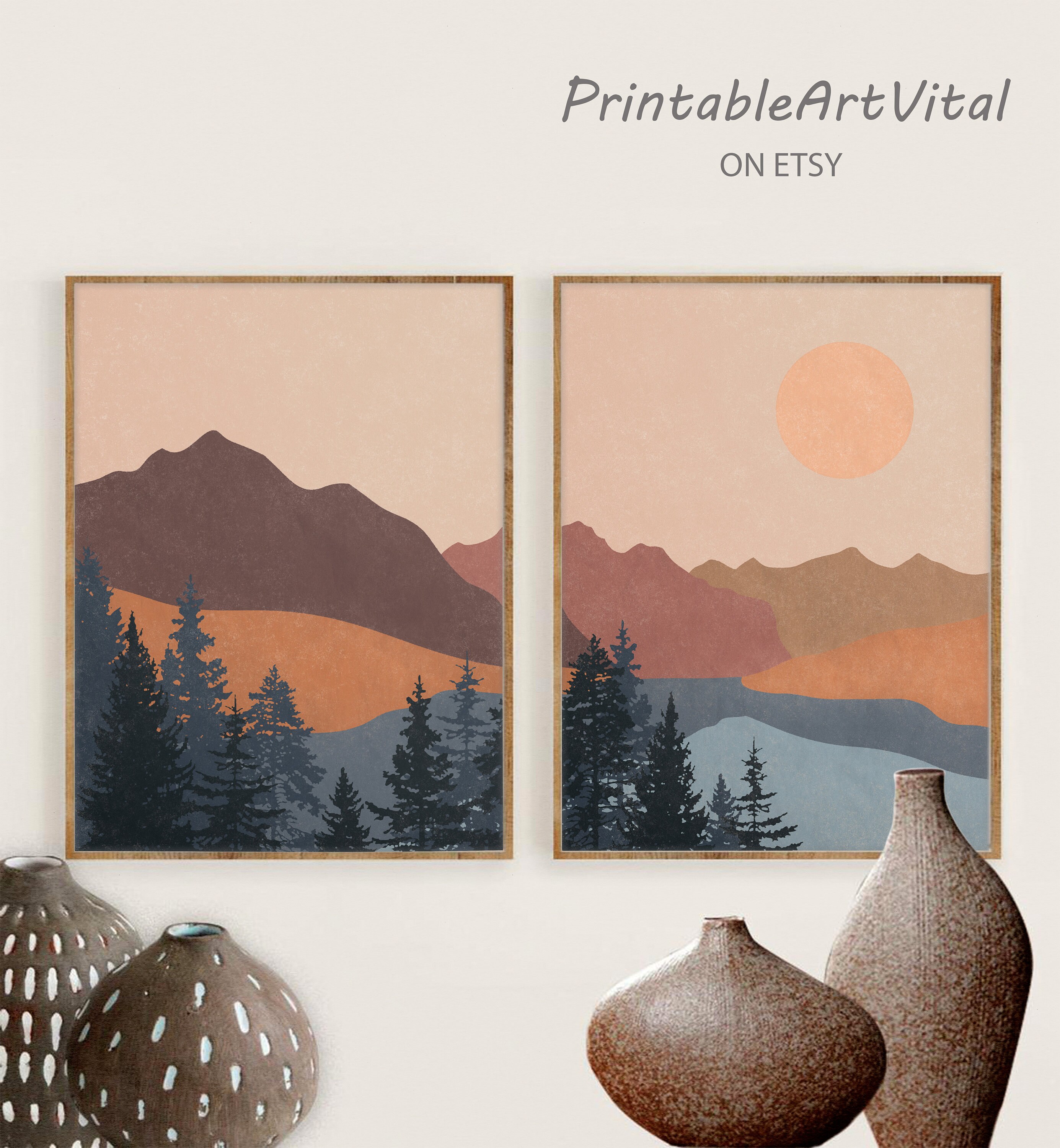 Mid century modern art mountain set of 2 prints Boho nature Etsy