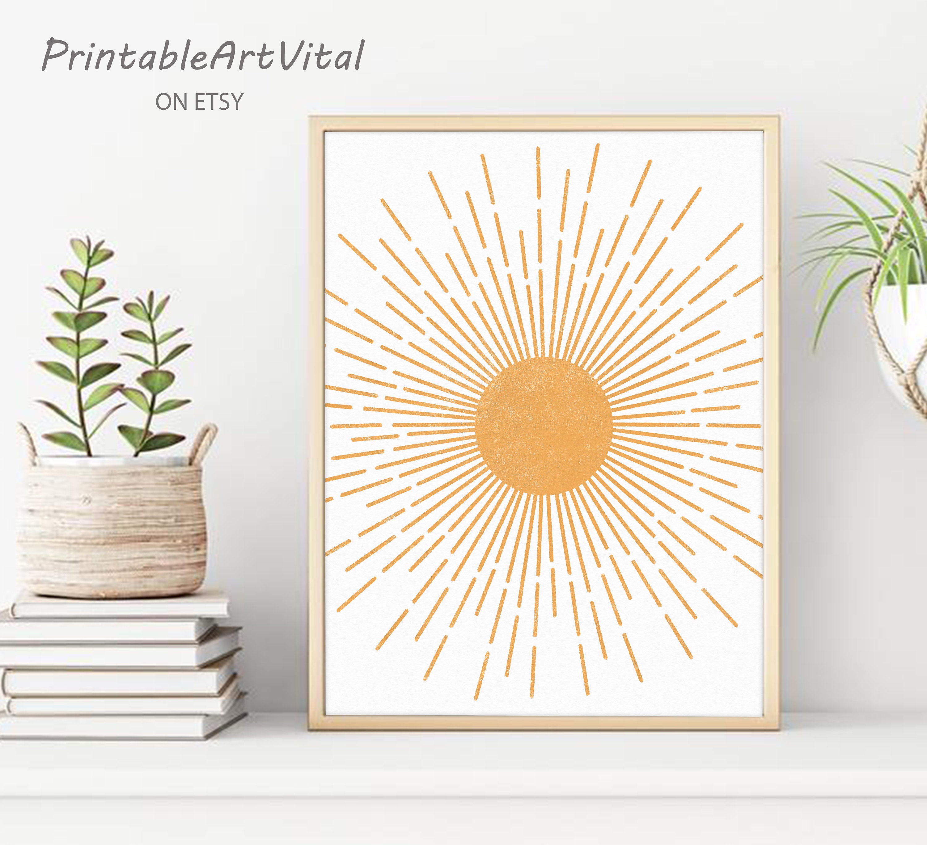 Boho wall decor Minimalist sun wall art Boho sun print Gold Etsy