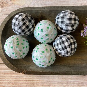 Rustic St. Patrick&#39;s Day Rag Balls | Buffalo Check St. Patrick&#39;s Day Decor | Farmhouse St. Patrick&#39;s Day Bowl Filler