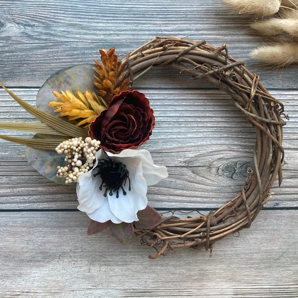 Small Anemone Grapevine Wreath | Rustic Fall Wreath | Small Autumn Wreath