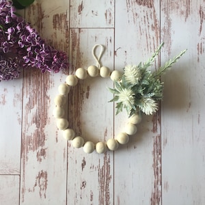 Rustic Split Wood Bead Wreath | Thistle Wreath | White Hoop Wreath | Small Farmhouse Wreath