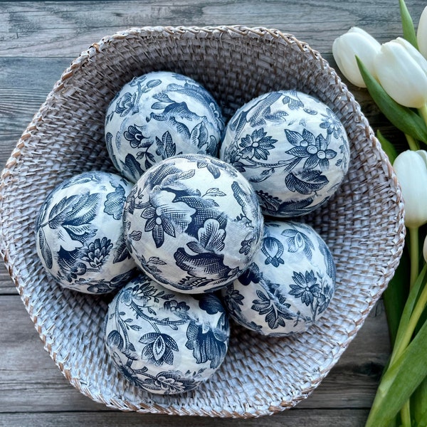 Blue Toile Decor Balls | Blue Chinoiserie Decor | Blue and White Rag Ball | Blue French Farmhouse Decor