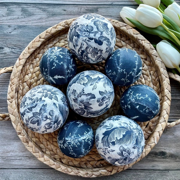 Blue French Farmhouse Decor Balls | Blue Toile Decor Balls | Blue Chinoiserie Decor | Blue and White Rag Ball