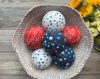 Red, White and Blue Rag Balls | Farmhouse Fourth of July Decor | Rustic Americana Bowl Filler | Patriotic Bowl Filler