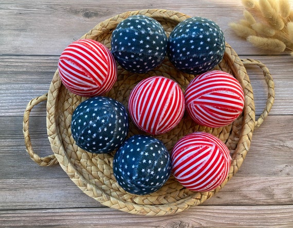 Stars and Stripes Rag Balls | Rustic Americana Decor | Farmhouse Fourth of July Bowl Filler