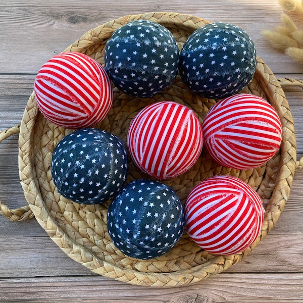 Stars and Stripes Rag Balls | Rustic Americana Decor | Farmhouse Fourth of July Bowl Filler