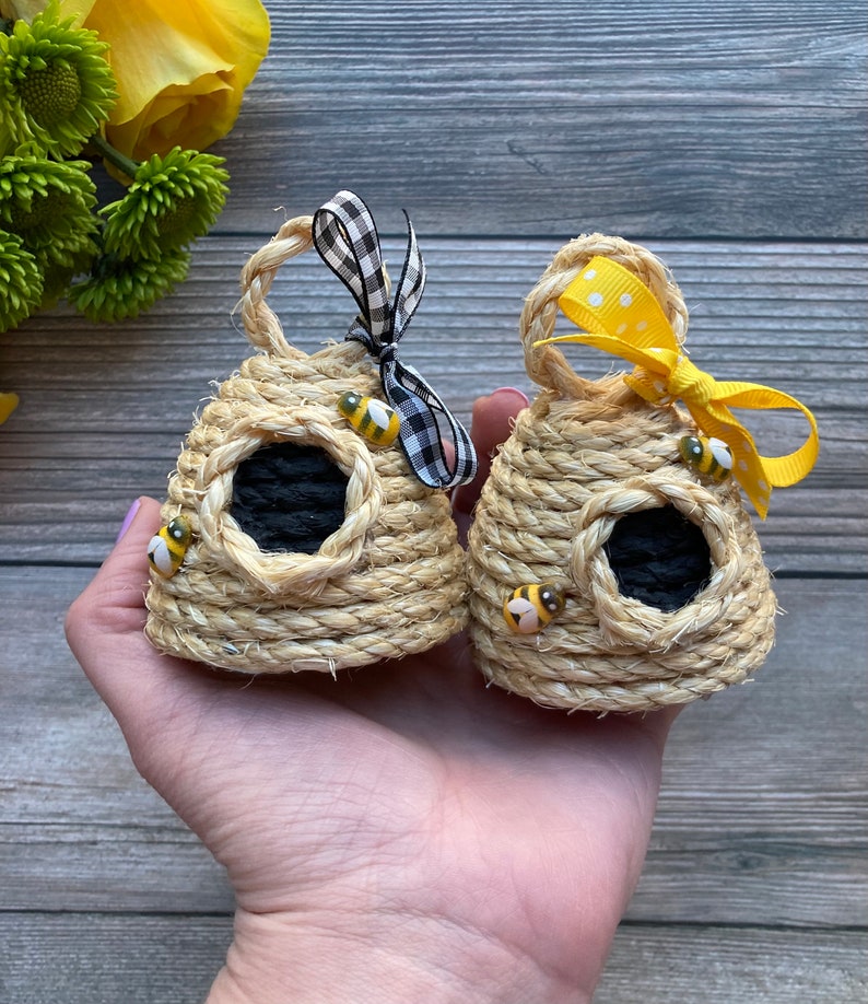 Miniature Beehive Tiny Bee Skep Rustic Honey Bee Decor Summer Tiered Tray Decor Bee Baby Shower Favors Two Mini Bee Hives