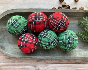 Christmas Homespun Rag Balls | Primitive Christmas Bowl Filler | Rustic Holiday Plaid Decor