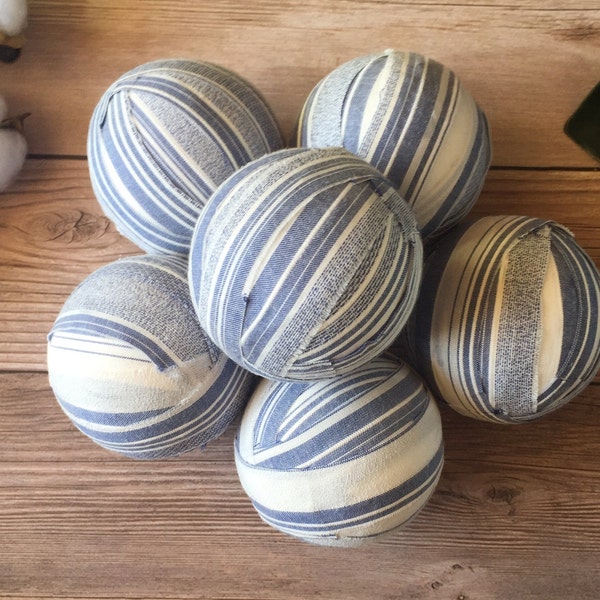 Rustic Blue Striped Rag Balls | Modern Farmhouse Table Decor | Blue Neutral Bowl Filler