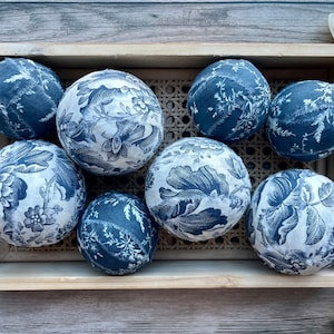 Wicker basket with blue and white toile decor balls.