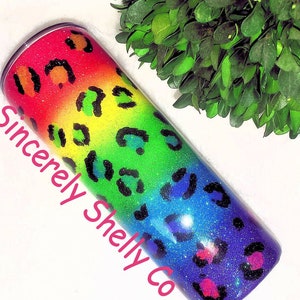 Rainbow Leopard Tumbler, Custom Rainbow Glitter Tumbler, Personalized Leopard Tumbler, Glitter Leopard Cup, Custom Glitter Cup