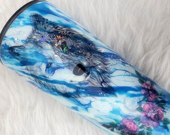 Marbled Wolf Tumbler, Galaxy Tattoo Design, Custom Stainless Steel