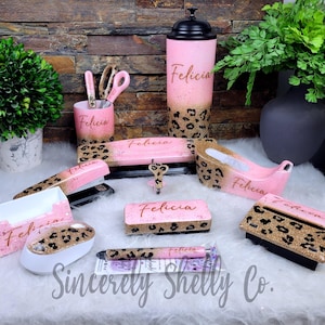 Leopard Desk Set - Custom Ombre Office Supplies | Glitter Stapler, Personalized Teacher Gift, Desk Accessories Bundle