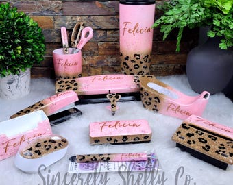 Leopard Desk Set, Cheetah Office Supplies- Custom Ombre | Glitter Stapler, Personalized Teacher Gift, Desk Accessories Bundle