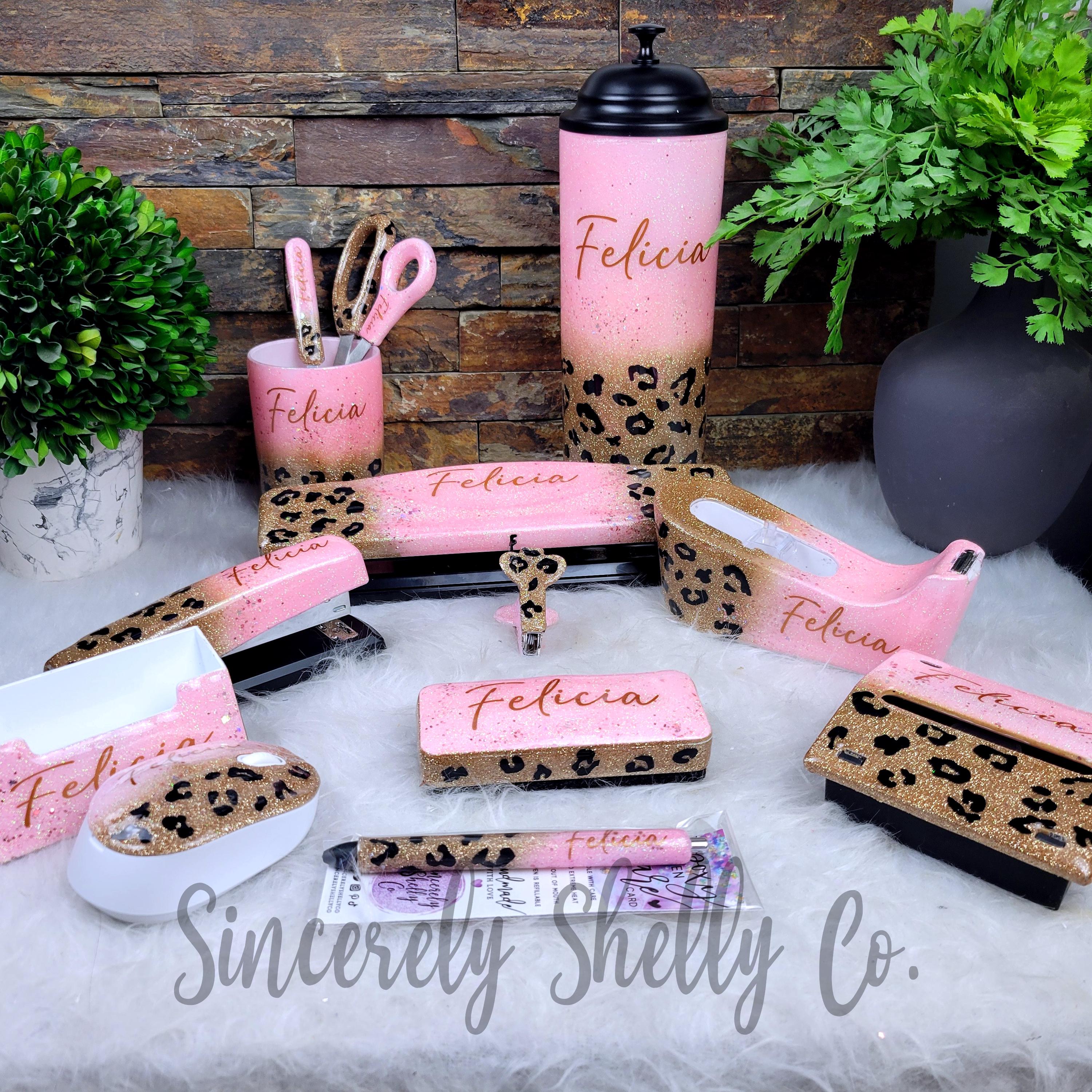 Leopard Desk Set - Custom Ombre Office Supplies | Glitter Stapler, Personalized Teacher Gift, Desk Accessories Bundle