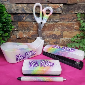 Rainbow Opal Office Set, Desk Set, Personalized Office Supplies, Pencil Desk, Teacher Gift, School, Glitter Stapler, Desk Supplies