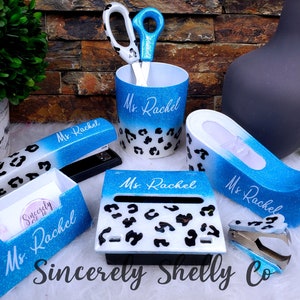 White Leopard Desk Set, Ombre Office Supplies, Leopard Stapler, Teacher Supplies, Personalized Gift, Custom Office Set, Classroom