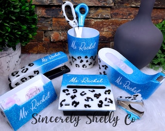 White Leopard Desk Set, Ombre Office Supplies, Leopard Stapler, Teacher Supplies, Personalized Gift, Custom Office Set, Classroom