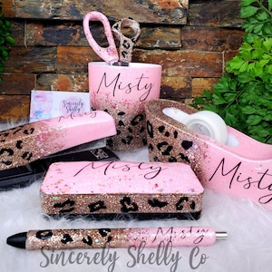 Leopard Desk Set, Ombre Office Supplies, Glitter Stapler, Leopard Stapler, Teacher Supplies, Personalized Gift, Custom Desk Set, Classroom