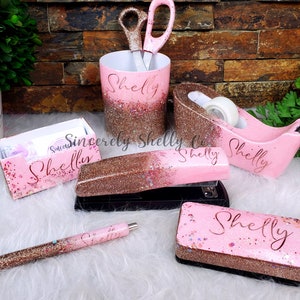 Ombre Desk Set, Personalized Teacher Gift, Office Supplies, Pink Desk Set, Glitter Pen & Stapler, Back to School Gift, Teacher Desk Supplies
