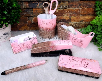 Ombre Desk Set, Personalized Teacher Gift, Office Supplies, Pink Desk Set, Glitter Pen & Stapler, Back to School Gift, Teacher Desk Supplies