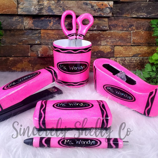 Personalized Glitter Teacher Desk Set: Colo rTheme, Custom Color Office Supplies