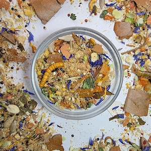 May include: A close-up of a bowl filled with a variety of dried insects, flowers, and other ingredients. The bowl is on a white surface with scattered ingredients around it.