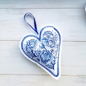 Embroidered felt blue heart ornaments