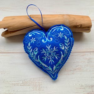 Embroidered  Blue felt heart ornament