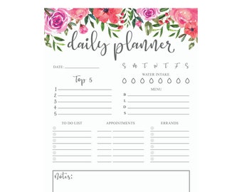 Daily Planner (Floral) -  PRINTABLE Daily Planner, Day Planner, To Do List