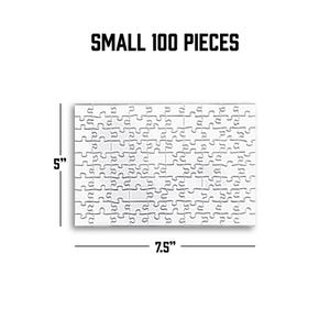 May include: A white 100-piece jigsaw puzzle measuring 7.5 inches by 5 inches.  SMALL 100 PIECES is printed at the top of the image.
