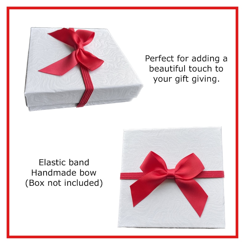 Puede incluir: Un lazo de cinta de sat&eacute;n rojo con una banda el&aacute;stica. El lazo est&aacute; hecho a mano y se muestra en una caja de regalo blanca. El texto "Elastic band Handmade bow (Box not included)" est&aacute; debajo del lazo. El texto "Perfecto para agregar un toque hermoso a su regalo." est&aacute; arriba del lazo.