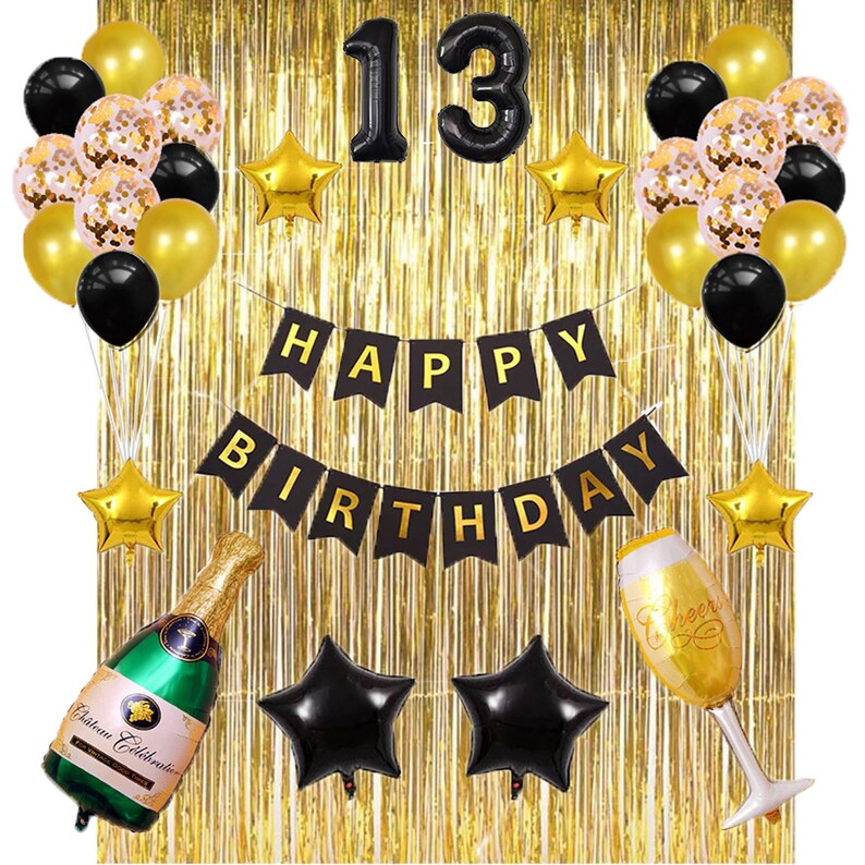 13th Birthday Party Decorations Black Gold Party Supplies Gold Etsy