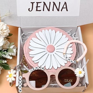 Boîte cadeau personnalisée Flower Daisy Girl Lunettes de soleil personnalisées pour fille - Sac à main à bandoulière personnalisé Flower Daisy