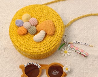 Borsetta a forma di fiore per bambine personalizzata con portachiavi, borsa di paglia per bambini personalizzata con nome, regalo di Pasqua, regalo per riempire il cestino di Pasqua