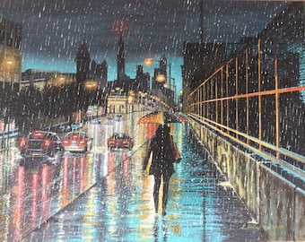 夜の街の油絵 オリジナルの街の風景画 都市景観アート 街の明かりの壁