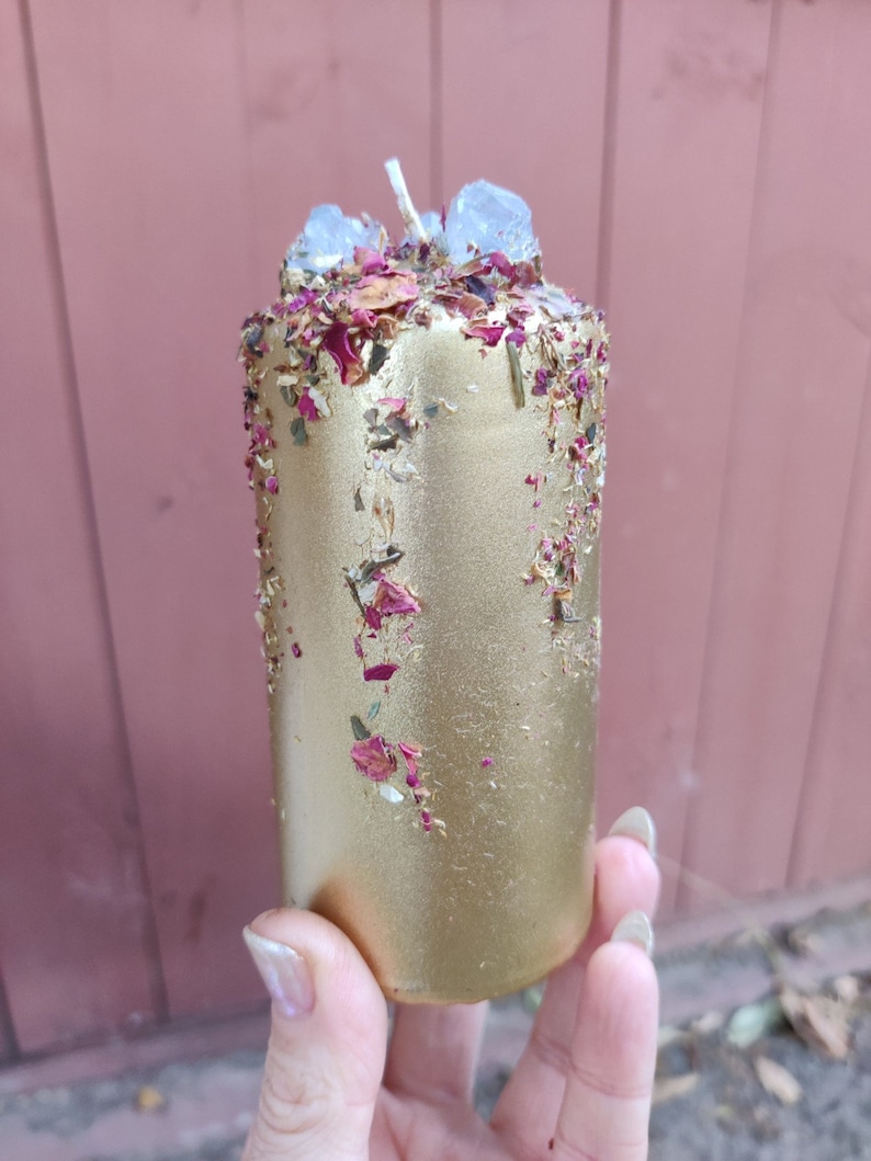 Gold Magick Shimmer Large Pillar Candle With Crystals & Rose Etsy