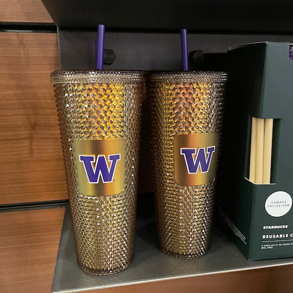 UW Studded Sbux Cold Cup, 2022 Gold Collegiate University of Washington Blingy