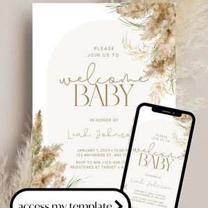 Pampas Minimal Boho Baby Shower Invitation Template Editable in Canva, Gender Neutral Completely Customizable A6