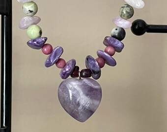 Mixed Gemstone Bracelet with Amethyst Heart Charm