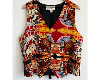 Colete vintage da coleção Picasso, tamanho XL, multicolorido, em seda, com estampa de tourada, 1934. Arte para vestir.