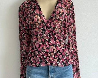 Blouse cache-cœur en soie LOFT 14 Rose fleuri transparent à manches longues Fantaisie romantique Fée